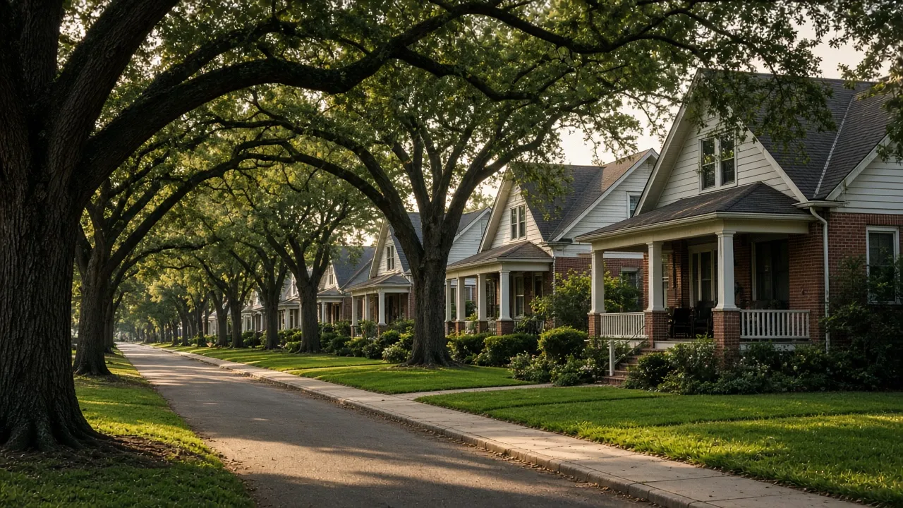 Editorial photograph of a tree-lined street of traditional houses with front porches. This image does not depict a specific Gilmon-owned property.